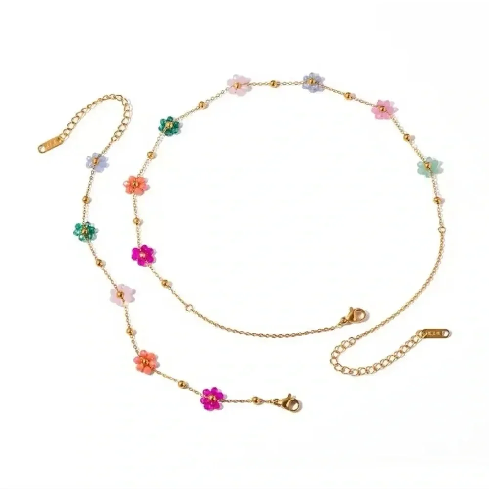 Flower Stainless Steel 18K Gold Waterproof Bead Flower Necklace Bracelet Set